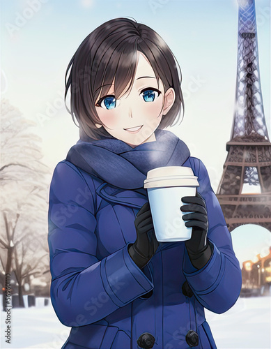 A beautiful girl with a cup of coffee walks around Paris. Winter. Anime style. AI generated image