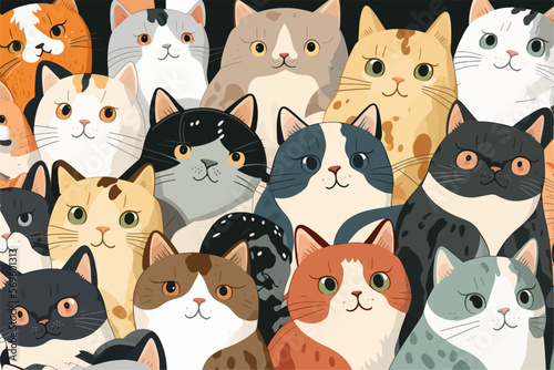 A large group of cats with different colors. Cartoon cat characters seamless pattern.