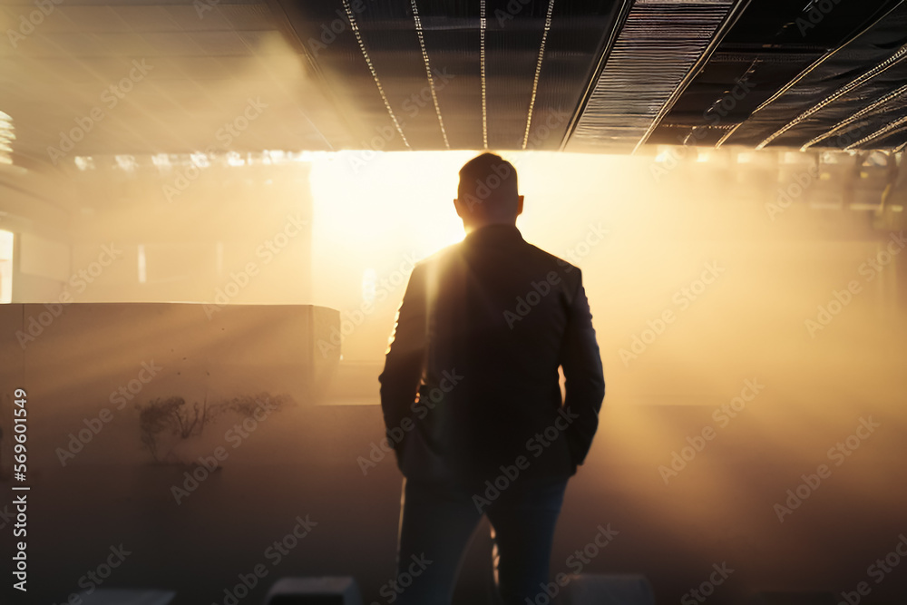 Fototapeta premium Man on a terrace looking at the sun