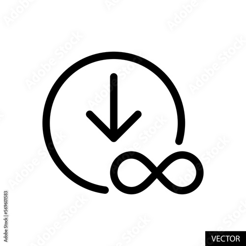 Unlimited, infinite, limitless downloads vector icon in line style design for website, app, UI, isolated on white background. Editable stroke. Vector illustration.
