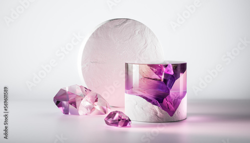 3d render abstract podium on white background. Gem stones pedestal for product design display. Isolated crystals. Empty showcase promotion mock up. Minimal blue transparent pink quartz round stage.