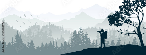 Photographer stands on meadow next to tree take picture of landscape. Mountains and forest in background. Silhouette illustration. Wild nature landscape. Horizontal banner.