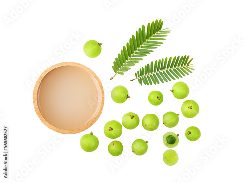 Indian gooseberry with leaf and juice on transparent png