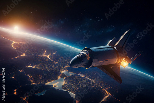 Wallpaper Mural Spaceship flying over the earth. Space flights. View of the setting sun and the ground illuminated by street lights. Stars in the dark sky. Generative AI. Torontodigital.ca