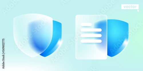 Blue shield and document. Web site protection icon in glassmorphism style with gradient, blur, and transparency.