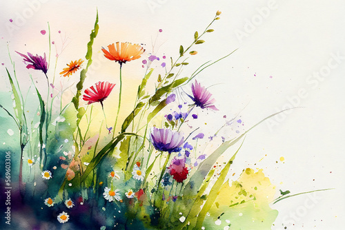 Watercolor spring flowers on a green meadow illuminated by the sun s rays. Spring background. Close-up of grass and blooming flower. Nice light of the rising sun. Seasonall backdrop. Generative AI.