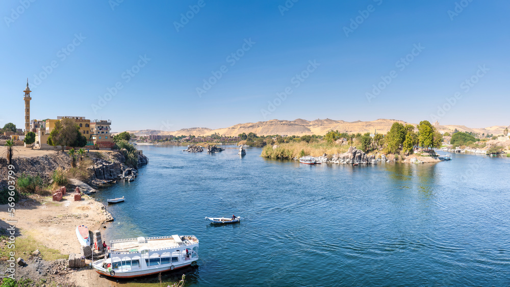 Aswan, Egypt; February 7, 2023 - A view of the Nile at Aswan, Egypt