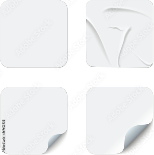 Blank square adhesive stickers mock up with curved corner. Mockup empty rectangular sticky label.