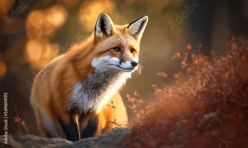  Beautiful red fox vulpes looking and alert in soft morning light in a natural environment in the fall. Image created with generative ai