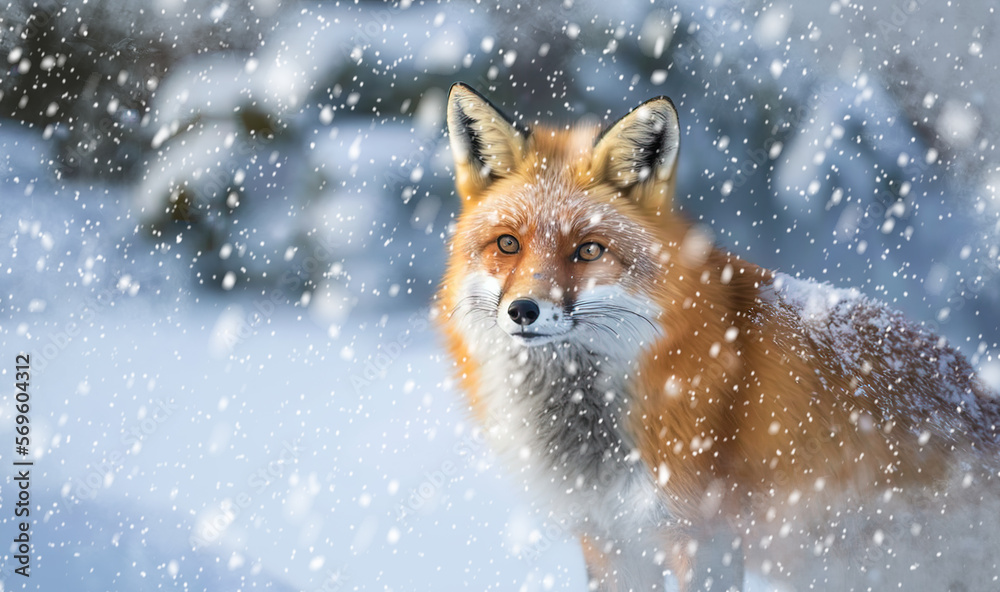  Beautiful red fox vulpes in the snow looking forward, in soft morning light in a natural environment in winter during a snowfall. Image created with generative ai