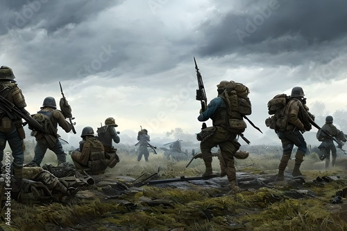 Soliders returning from battlefield, waterart photo