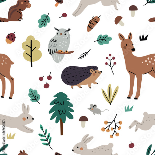Seamless pattern with woodland animals and forest trees. Childish print with woodland deer, hare, owl, berries, foliage, mushrooms, plants. Fabric design, apparel ornament with animals