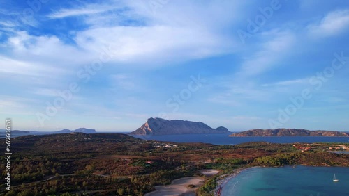 Sardegnia island nature scenery and best beaches. Aerial drone panoramic view of beautiful Porto Taverna beach. Italy summer holidays photo