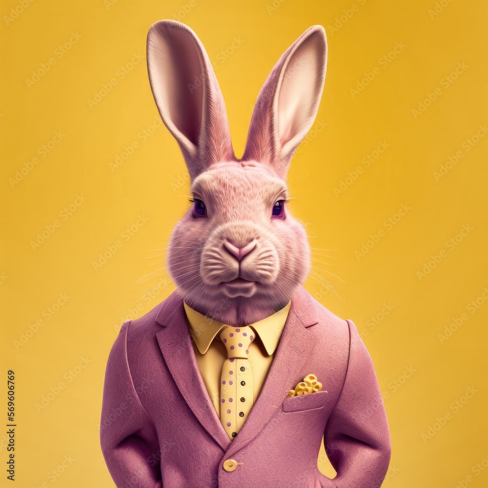 Anthropomorpher, eleganter, modischer Hase im pinken Anzug auf gelben Hintergrund, Generative AI