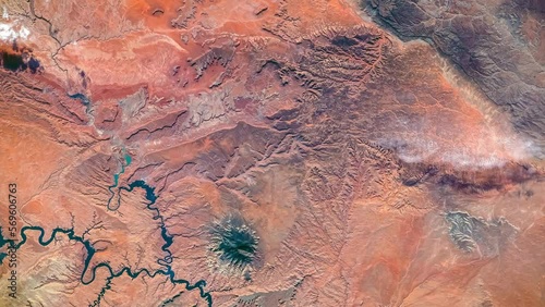 Aerial view of Lake Powell, Southeastern Utah and Northeastern Arizona, USA. San Juan River, Monument Valley, Navajo Mountain and Black Mesa seen from the top. Elements of this video furnished by NASA photo