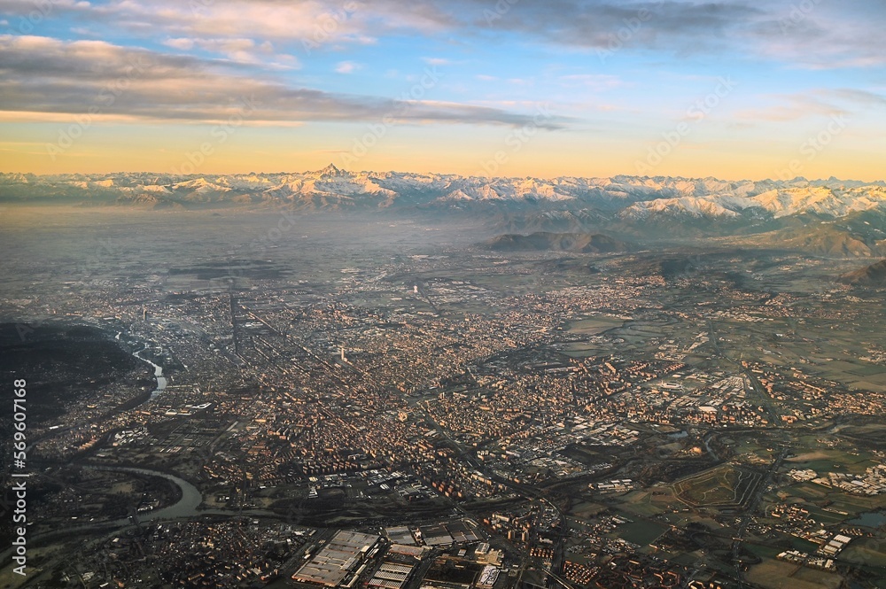 Panoramic aerial view of Turin city Italy