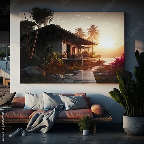 modern living zone outdoor , house , tropiacal zone , sunset , realistic photo