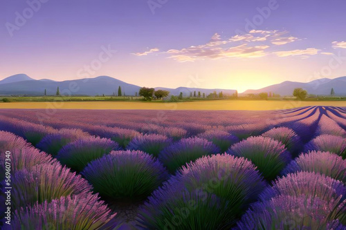 Beautiful lavender field, sunset. AI generated.