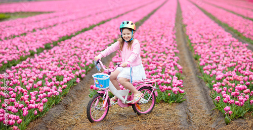 Photography Child on bike in tulip field. Bicycle in Holland.