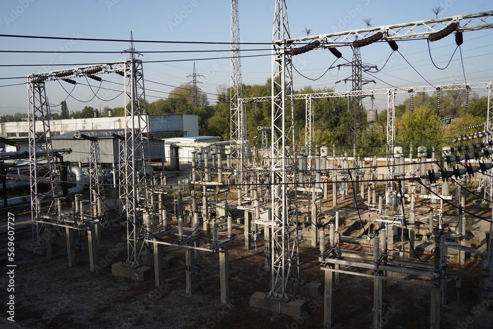 Almaty, Kazakhstan - 10.07.2022 : Voltage distributors at a large urban power plant.