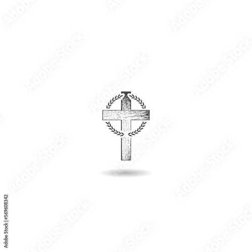 Christian Cross and laurel wreath icon with shadow