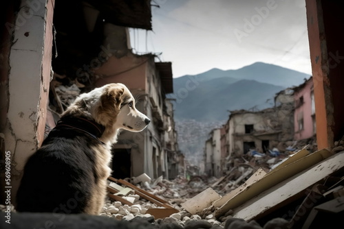 Sad Dog looking sad among the rubble after an earthquake. Generative AI