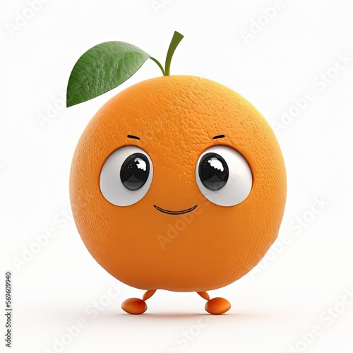 Cute Cartoon Mandarin Orange on a White Background (Created with Generative AI)