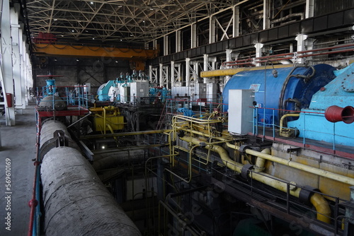 Almaty  Kazakhstan - 10.07.2022   Pipes  valves and pressure sensors in the generator room at the heating plant.