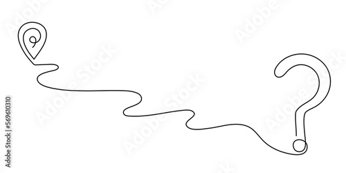 Pointing location with question mark at map one line art,hand drawn asking way sign,destination continuous contour,template finding direction,gps navigation concept.Editable stroke.Isolated.Vector