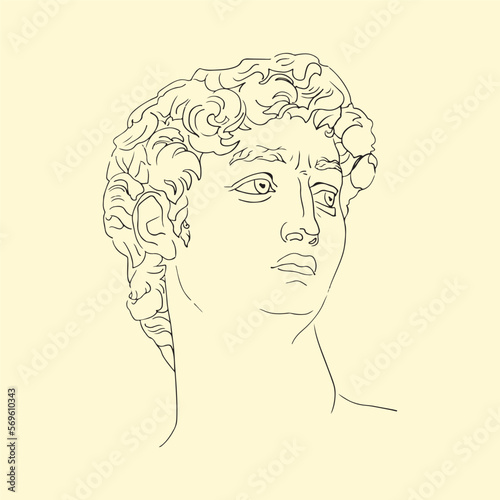 David sculpture. Greek sculpture. David's head, michelangelo sculpture, hand drawn, line, flat, boho colors, vector