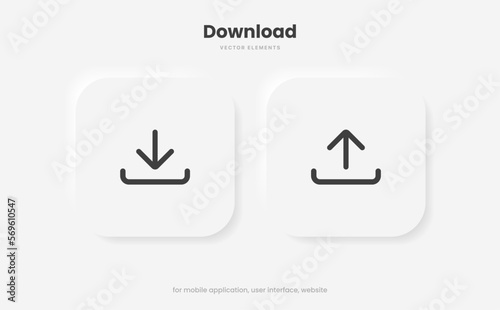 3D black download upload button icon. Upload icon. Down arrow bottom side symbol. Click here button. Save cloud icon push button for UI UX, website, mobile application.