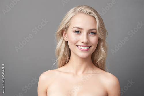 Beautiful woman blonde beauty close-up portrait on gray background. Generative AI