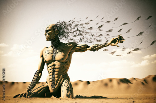 An Ancient Robot Dissolving With The Wind In The Dessert. Generative AI Illustration