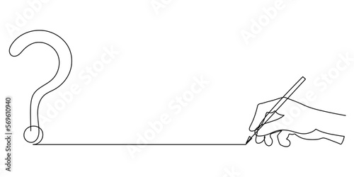 Writing hand with question mark,one line art,hand drawn asking sign continuous contour.Query FAQ concept,finding answer.Palm with fingers holding pen.Editable stroke.Isolated.Vector illustration