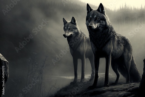 Two wolves looking into the distance