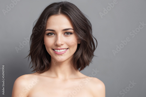 Beautiful woman brunette beauty close-up portrait on gray background. Generative AI © Anatoly Tiplyashin