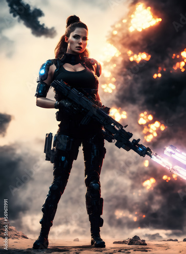 Terminator woman from the future. Woman robot with a gun. Beautiful android woman during judgment day. A female terminator in a post-apocalyptic world. Beautiful woman soldier. Generative AI.