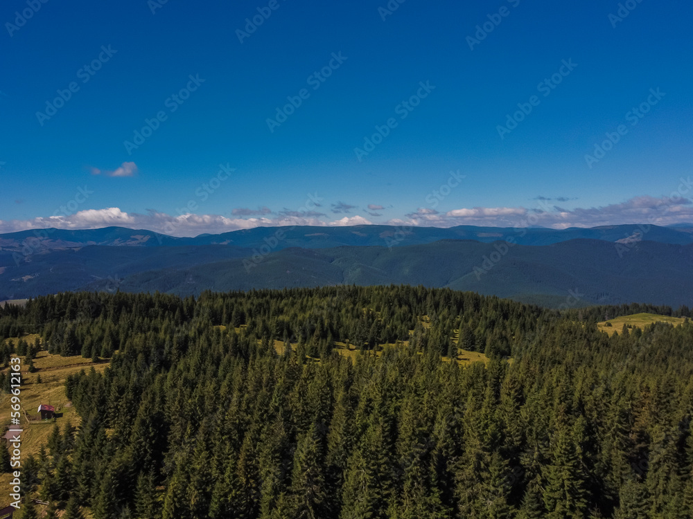 Aerial vIew by drone. Summer. Pamir military base, Bucovina. Chernivtsi región. Ukraine Carpatian mountains.