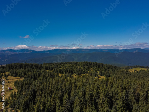 Aerial vIew by drone. Summer. Pamir military base, Bucovina. Chernivtsi región. Ukraine Carpatian mountains.