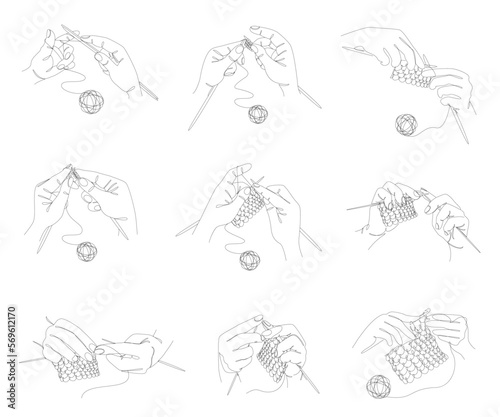 Collection. Knitting with threads. Hands of man, woman in modern trendy style with one line. Solid line, outline for decor, posters, stickers, logo. Vector illustration set.