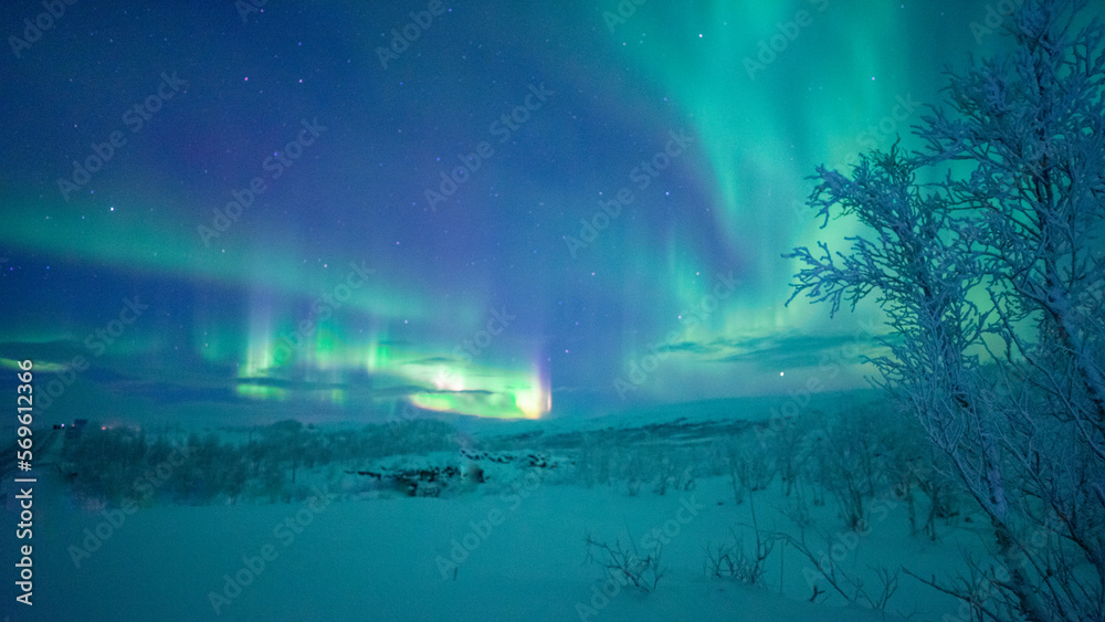 Northern lights also known as Aurora Borealis over the winter Scandinavia