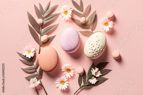 Easter eggs with spring flowers and leaves. Top flat view with pastel pink and white colors background. Banner of sweet dyed eggs for Passover with copy space. Generative AI.