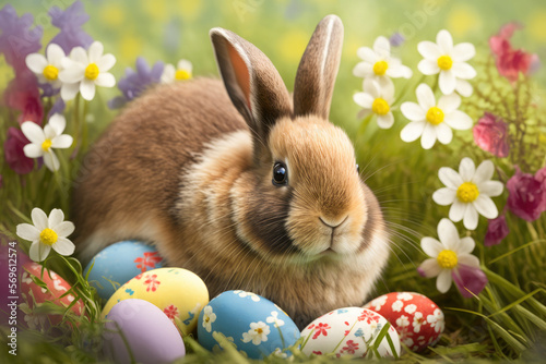 Easter bunny with colorful painted eggs in a green meadow with spring flowers. Cute rabbit in a blossom garden for Passover in a natural landscape background. Generative AI.