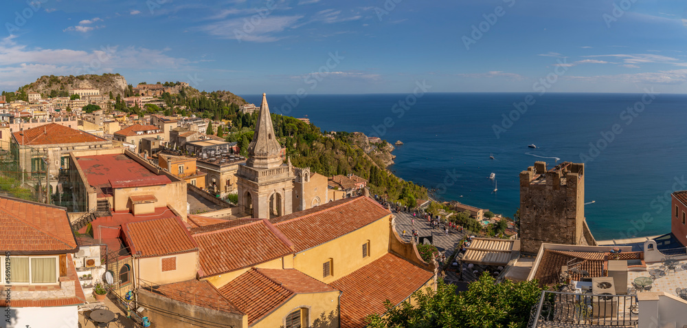 View of Chiesa di San Giuseppe overlooking the town and sea in Taormina, Taormina, Sicily, Italy, Mediterranean, Europe View of Chiesa di San Giuseppe overlooking the town and sea in Taormina, Taormina, Sicily, Italy, Mediterranean, Europe