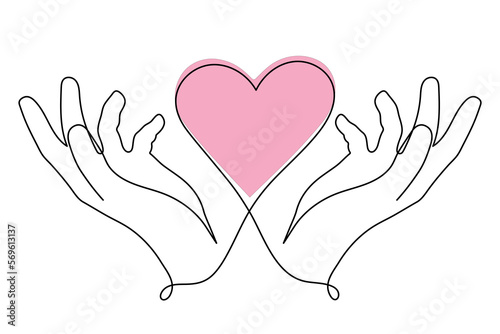 Hands with heart one line art, love concept continuous contour drawing, hand-drawn. Romance, engagement and marriage symbol, decoration for Valentine's day. Editable stroke.Isolated.Vector