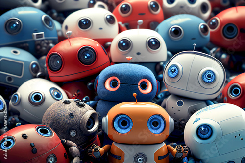 Colorful robots team in metaverse future. Cute robot team for background. Generative AI.