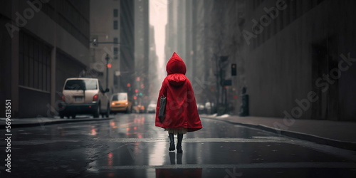 conte du petit chaperon rouge moderne dans une ville avec des immeubles par temps de pluie - illustration ia  photo