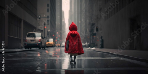 conte du petit chaperon rouge moderne dans une ville avec des immeubles par temps de pluie - illustration ia 