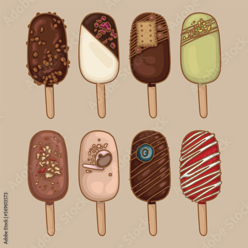 Collection of ice cream on a stick with different flavors