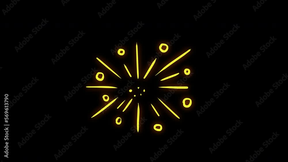 A simple geometric salute of yellow color on a black screen. The effect of celebration, victory, triumph, congratulations, delight, happiness. Stock 4k video explosion pyrotechnics with alpha channel.